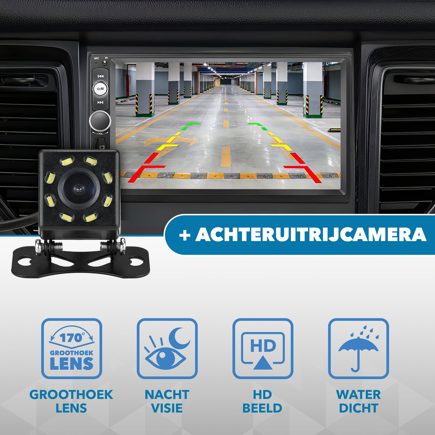 Carcemy Autoradio met Bluetooth voor alle auto's - USB & Aux - Handsfree bellen - Mirrorlink - Met ingebouwde Microfoon - Inclusief 8 Led Achteruitrijcamera
