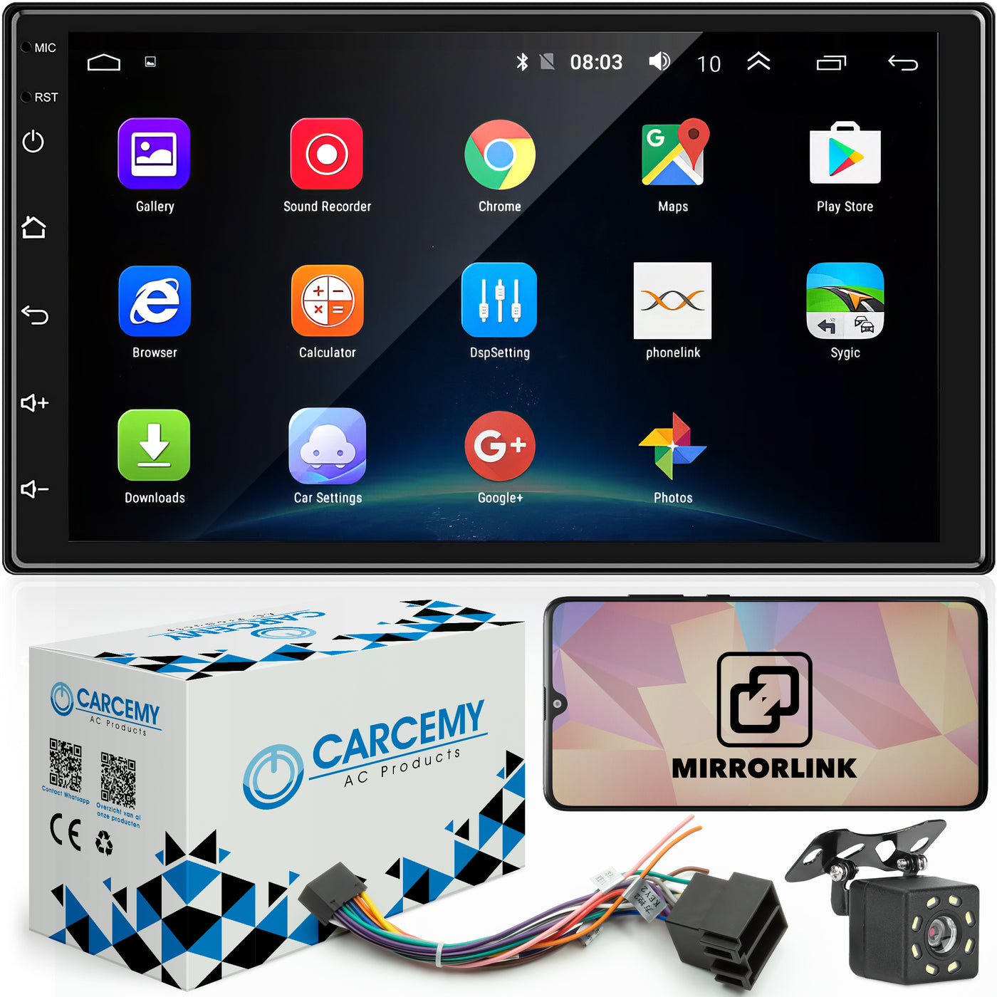Carcemy Universele Android Autoradio met Bluetooth - Navigatie - Google Play - GRATIS Achteruitrijcamera