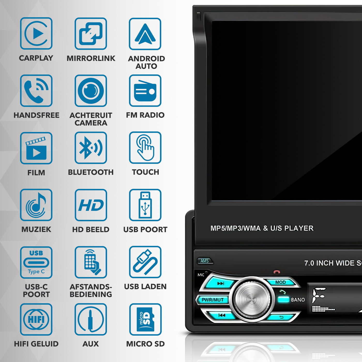 Universelles ANDROID Autoradio Klappdisplay 1 Din | CarPlay und Android Auto | Navigation