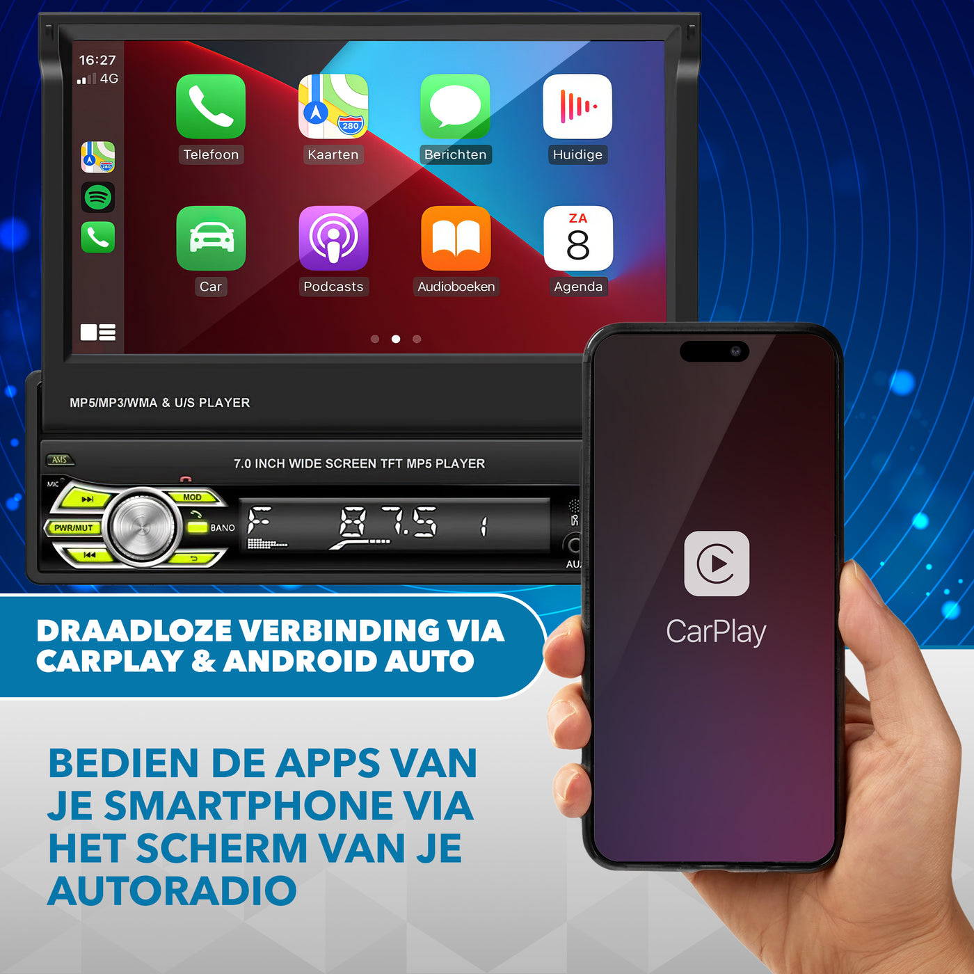 Universele ANDROID Autoradio klapscherm 1 din | CarPlay & Android Auto | Navigatie