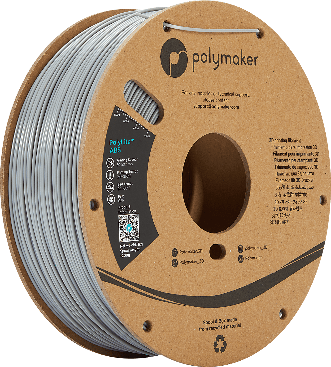 Polymaker PolyLite ABS Filament Grijs 1.75mm 1Kg